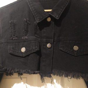 Super Cropped Frayed Black Denim Jacket